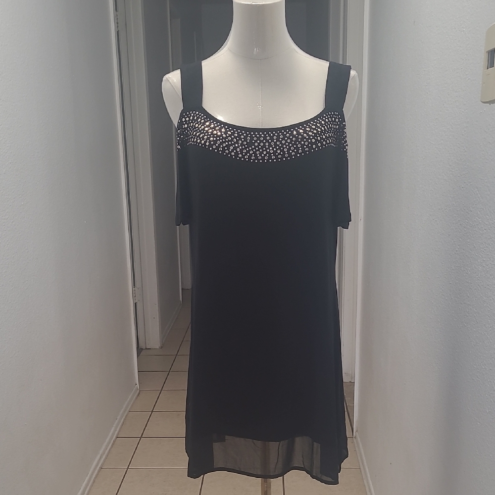 Belldini Black Cold-Shoulder Tunic with Studded Yoke